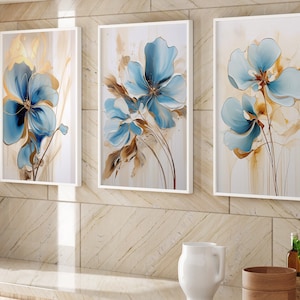Stunning Blooms Hyper-Detailed Watercolor Art set 3 Instant Digital download art, Blue & Gold abstract floral plant botanical art set #4