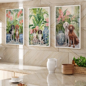 Art Print Staffordshire Dogs with Chinoiserie blue & white Ginger Jars with a background of Chinoiserie designs. Digital Wall Art Set3 Set 3