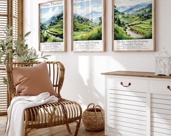Digital Wall art Instant downloads, Vintage Rice terraces, Chiang Mai, Chiang Mai SET 3 -Set of 3 Heritage Art,  Charming-Unique Thailand.