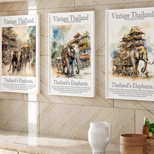Digital Wall art, downloads, Vintage Elephant Watercolor Print SET 1, Set of 3 Thai Elephant Heritage Art, charming, Unique Thailand History