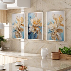 Stunning Blooms Hyper-Detailed Watercolor Art set 3 Instant Digital download art, Cream Blue & Gold abstract floral plant botanical art set