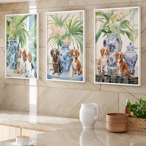 Art Print Staffordshire Dogs with Chinoiserie blue & white Ginger Jars with a background of Chinoiserie designs. Digital Wall Art Set3 Set 2