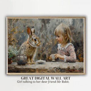 May include: A watercolor painting of a young girl in a pink dress sitting at a table with a brown rabbit. The girl is holding a teacup and the rabbit is looking at her. The painting is set in a garden with green plants and flowers.