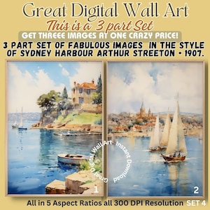 Special DIGITAL WallArt Set of 3. Australian Art, Easy Download/print Unique,  in the style of Arthur Streeton Sydney Harbour • 1907. Set 4