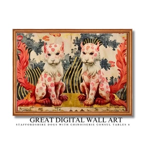 Staffordshire Dogs 4 with Chinoiserie consul tables Art Print  Ginger Jar with a background of Chinoiserie designs Digital WallArt SetChina4