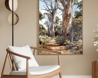 May include: A framed painting of a forest path with tall trees and a dirt path leading into the distance. The trees are brown and have a rough bark texture. The painting is in a light brown frame.