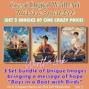 Puede incluir: Un conjunto de tres impresiones digitales de arte de pared que presentan una ilustración única de niños en un bote con pájaros. La obra de arte está disponible en cinco relaciones de aspecto y resolución de 300 DPI. El texto "Boys in a Boat with Birds" está incluido en la imagen.