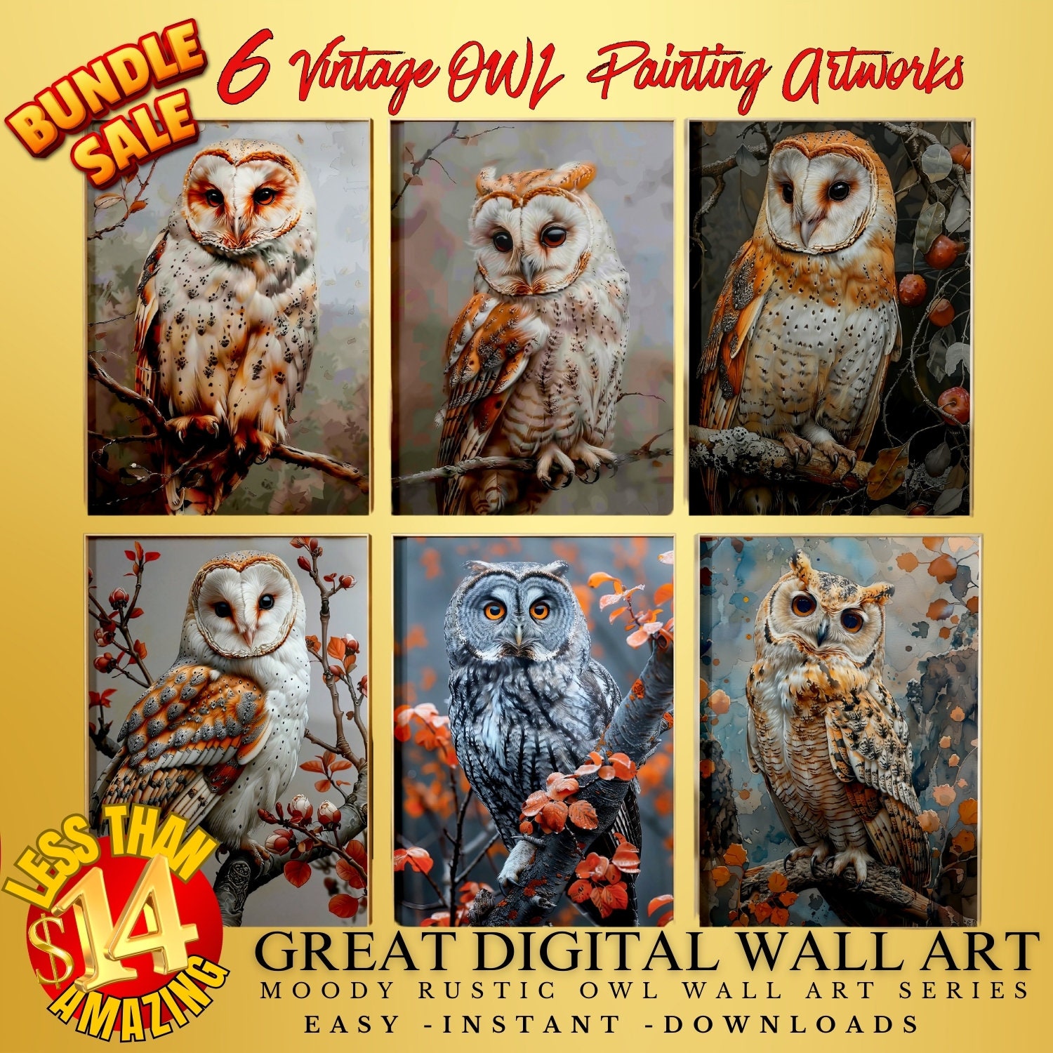 6 Vintage Owl Painting Artwork BUNDLE of 6 Moody Rustic Owl Wall Art, Digital Download, Cottagecore 