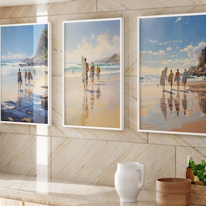 Sunny Surfing Trio, we call Surfs Up! Set 2 Digital Download Art Set of 3 images for Beach Lovers.Coastal print set, beach wall art, Stroll