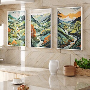 Landscape Illustrations in sage green shades Set of Three Abstract Prints - Brecon Beacons Poster, Wales Art, Welsh Painting Home Décor Set1