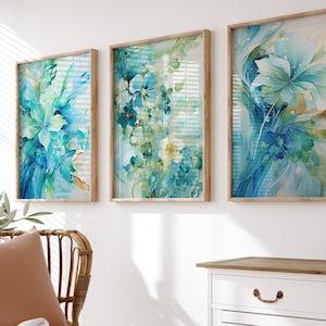 Blue Surprise, with gold, Stunning Blooms Hyper-Detailed Watercolor Art set 3 Instant Digital download art, abstract floral botanical art