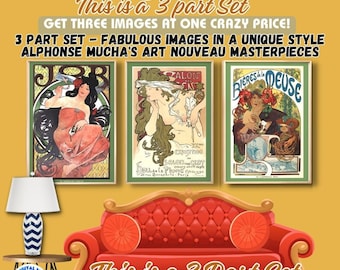 Alphonse Mucha - Juego de 3 imágenes imprimibles de exposiciones, arte mural vintage imprimible, retrato Art Nouveau, descarga digital S1