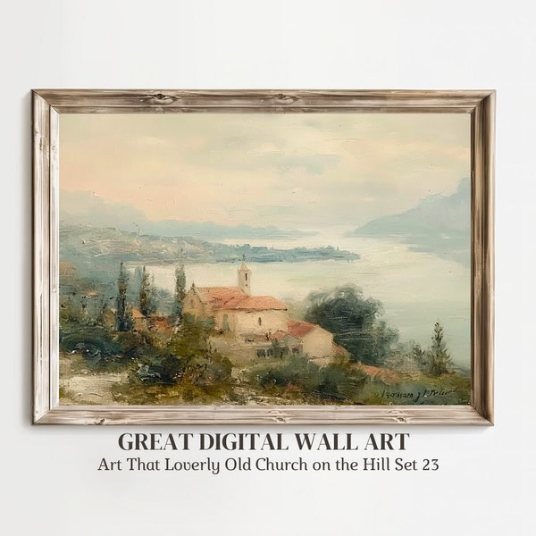 Digital Download Unique art image from Painting. Wall Art  'Lovely Old Church on the Hill' English Country Side easy download Collection 24