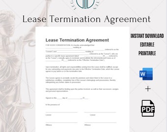 Peut inclure: Un modèle de contrat de résiliation de bail imprimable en noir et blanc. Le document comprend le texte "Lease Termination Agreement" et "Téléchargement instantané, modifiable, imprimable". Le document est disponible aux formats Word et PDF.