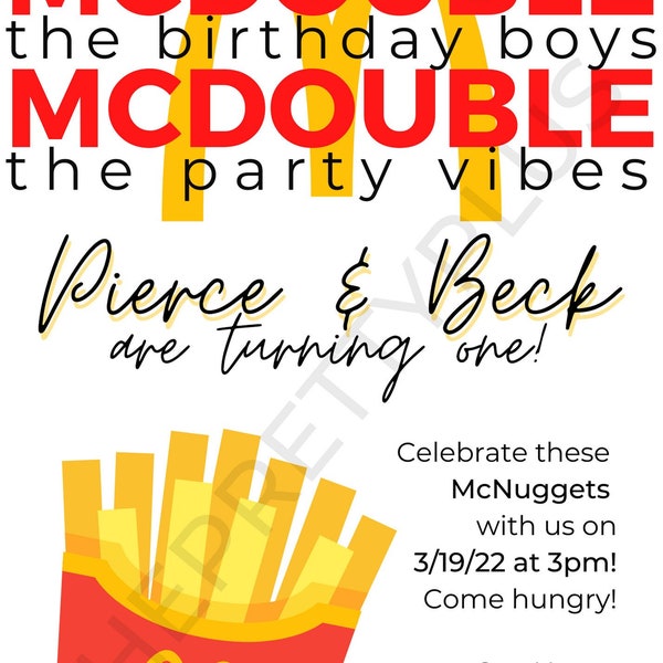 McDonald's Birthday Invitation for Twins - Fully Customizable Canva Template | Twin Birthday Invite | Fast Food Birthday Invitation