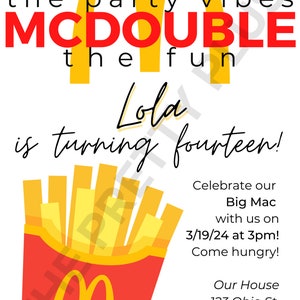 McDouble The Party Vibes McDonald&#39;s Themed Birthday Invitation Template for ALL AGES | Digital Download | Canva Editable