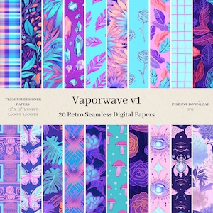 20 Vaporwave Digital Papers - Trendy Scrapbook, Vaporwave Digital Paper, Floral Seamless Pattern, Negative Backgrounds, JPG v1