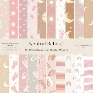 20 Neutral Baby Digital Papers - Boho Seamless Digital Paper, Beige Repeat Pattern, Scrapbook, Abstract Nursery Paper, Printable, JPG v1