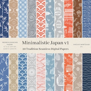 20 minimalistische japanische digitale Papiere – japanisches nahtloses digitales Papier, Koi-Wiederholungsmuster, Scrapbook im japanischen Stil, abstrakt, Bambus, v1