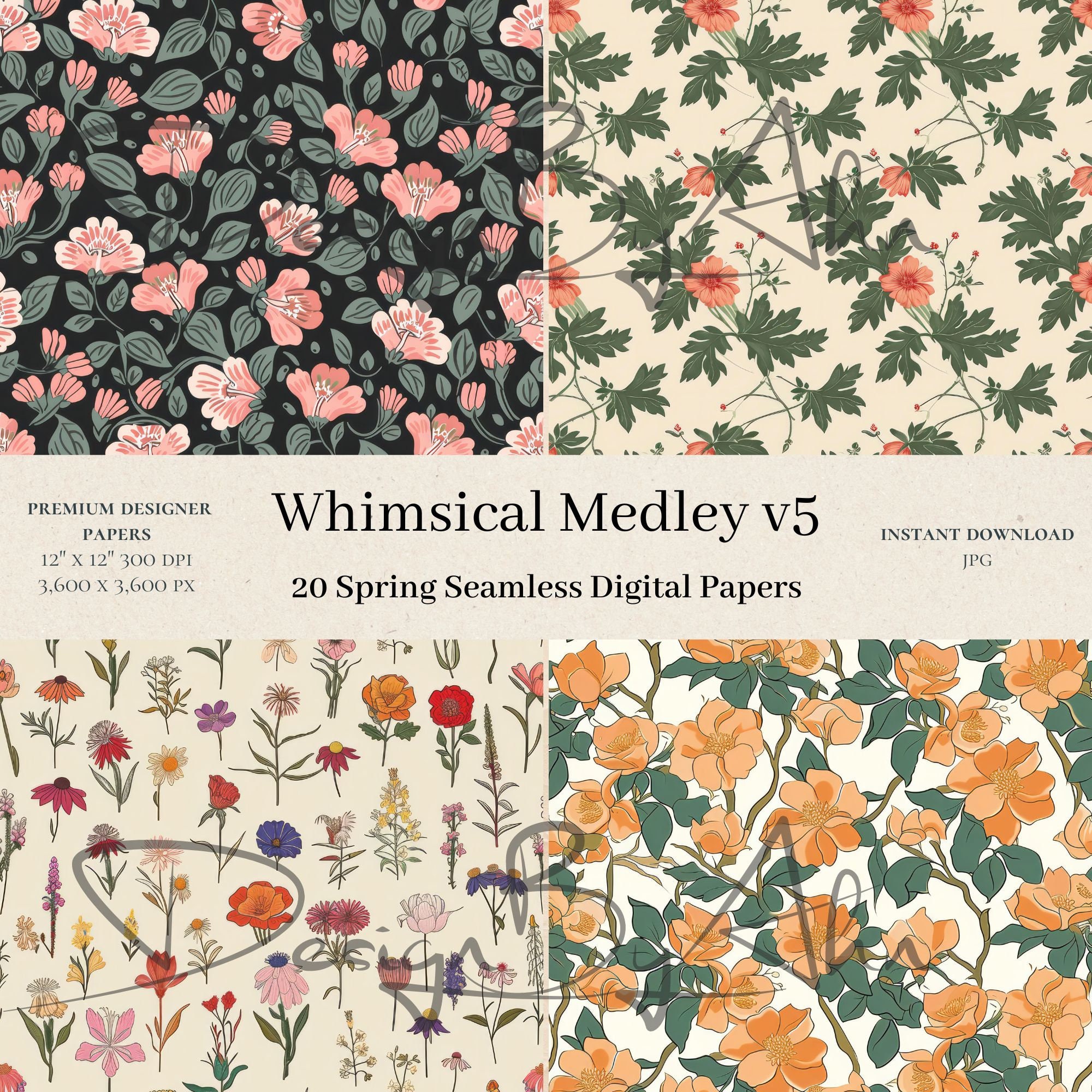 20 Whimsical Medley Digital Papers - Flowers Seamless Pattern, Floral ...