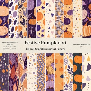 20 papeles digitales de calabazas festivas: álbum de recortes abstracto, papel digital otoñal, estampado de calabaza sin costuras, fondos otoñales, florales, tendencia v1