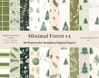 20 minimalistiska digitala skogspapper - JPG - Seamless skogsmönster, digitalt akvarellpapper, klippbok, kommersiellt, digitalt mönster, v4