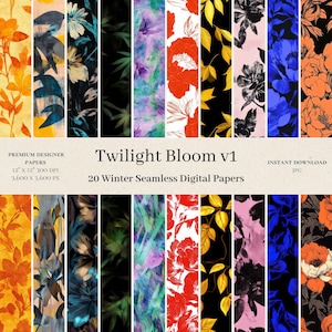 May include: A set of 20 digital paper designs featuring a winter floral theme. The papers feature a variety of colours, including red, blue, green, yellow, and black. The designs are seamless and can be used for a variety of projects, such as scrapbooking, card making, and digital design.