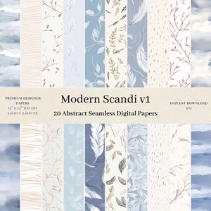 May include: A set of 20 digital papers featuring abstract, seamless patterns in a modern Scandinavian style. The patterns include various shades of blue, white, and beige, with designs of leaves, feathers, and geometric shapes.