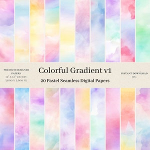 20 Colorful Gradient Digital Papers - Pastel Scrapbook, Pastel Watercolor, Seamless Pattern, Pastel Rainbow Backgrounds, Pastel Ombre, v1