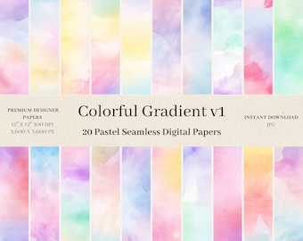 20 kolorowych papierów cyfrowych z gradientem - pastelowy album, pastelowa akwarela, bezszwowy wzór, pastelowe tła tęczowe, pastelowe ombre, v1