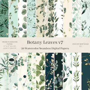 May include: 20 digital papers featuring watercolor illustrations of eucalyptus leaves in various shades of green, blue, and gold. The papers are seamless and can be used for crafting, scrapbooking, and other creative projects. The text "Botany Leaves v7" is displayed at the top of the image.