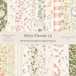 20 Digitale Papiere mit verspielten Blumenmuster - Beige, Rosa, Lila, Junk Journal, Gärtnereien, Hintergrund, Blumen, Kommerzieller Gebrauch v3