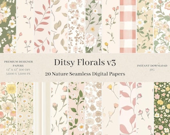 20 Ditsy Florals Digital Papers - Beige, Pink Seamless Pattern, Lilac Junk Journal, Nursery Background, Flowers, Commercial Use v3