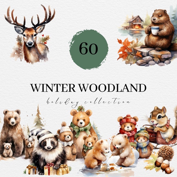 60 Winter Woodland Clipart Set - Transparent Background, Digital PNG, Commercial Use, Forest Animals, Snowman, Christmas, Printable, Snow