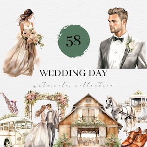 Puede incluir: Un conjunto de 58 ilustraciones de acuarela para un día de boda, que incluye una novia y un novio, un granero, un carruaje tirado por caballos, un arco floral y un autobús vintage. El conjunto es perfecto para crear invitaciones de boda, tarjetas de reserva y otros artículos de papelería de boda.