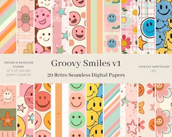 20 Groovy Smiles Digital Papers - naadloze patronen, commercieel gebruik, plakboekpapier, retro patronen, hippiepatroon, smileyontwerp, v1