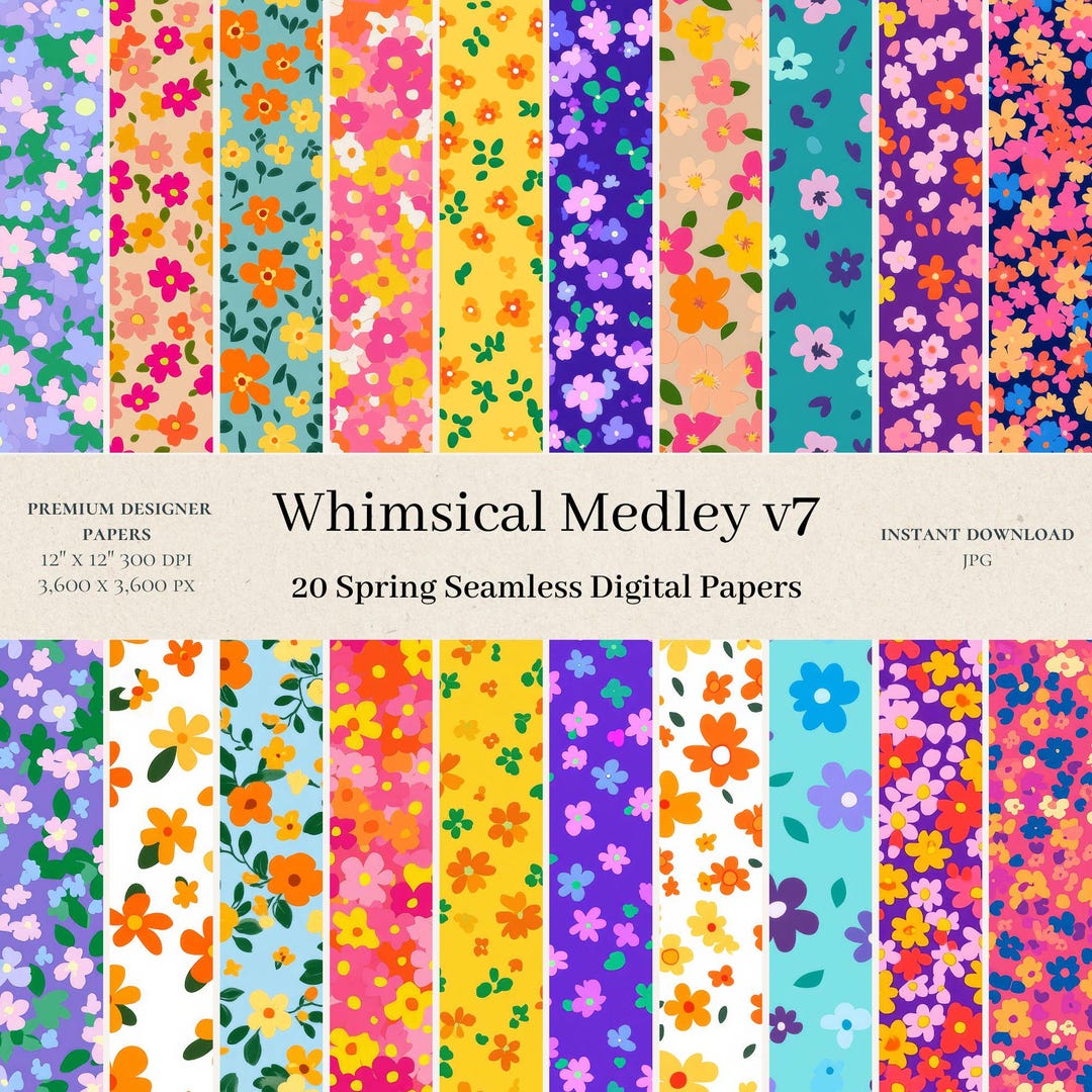 20 Whimsical Medley Digital Papers - Flower Seamless Digital Paper ...