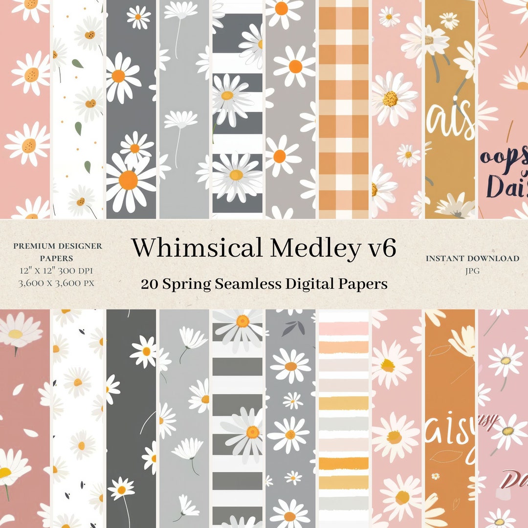 20 Whimsical Medley Digital Papers - Daisy Seamless Digital Paper ...