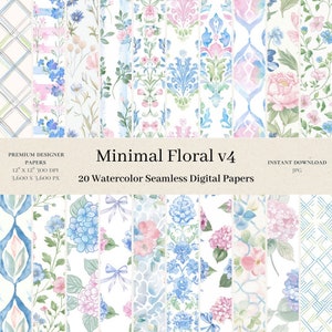 20 digitale Minimalistische Blumen Papiere - Aquarell Muster, Pastell Blumen Scrapbook, Streifen, Vintage Papier v4
