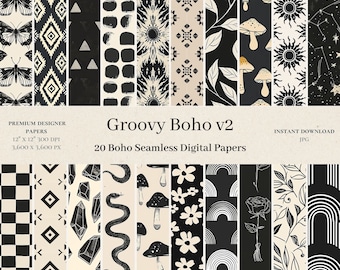 20 Groovy Boho Digital Papers - Commercial Use, Seamless Pattern, Black And Ivory Vintage Art, Scrapbook Paper, Boho Designer Background, v2
