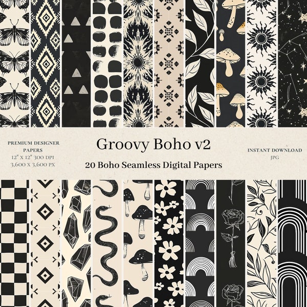 20 Groovy Boho Digital Papers - Commercial Use, Seamless Pattern, Black And Ivory Vintage Art, Scrapbook Paper, Boho Designer Background, v2