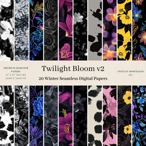May include: A set of 20 digital papers featuring winter floral patterns in shades of black, white, gray, pink, blue, and yellow. The papers are seamless and can be used for a variety of creative projects. The text "Twilight Bloom v2" and "20 Winter Seamless Digital Papers" is included in the image.