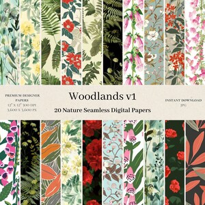 Op de afbeelding: Een set van 20 digitale papieren met bosmotieven. De papieren zijn naadloos en bevatten verschillende bloemmotieven, waaronder varens, bloemen en bladeren. De papieren zijn 30,5 cm bij 30,5 cm en 300 DPI.