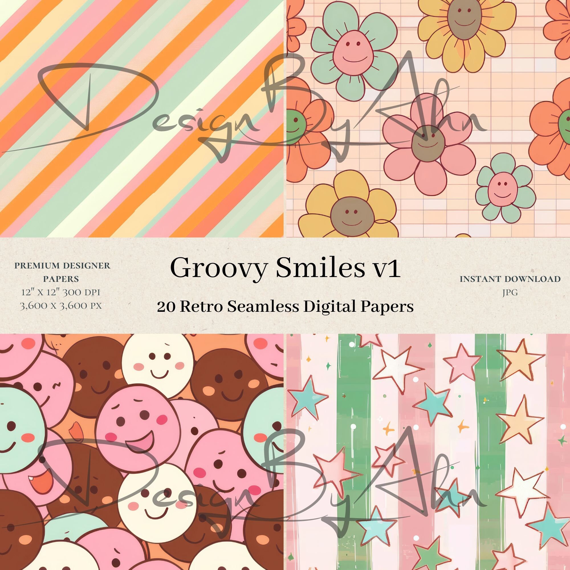 20 Groovy Smiles Digital Papers Seamless Patterns, Commercial Use ...