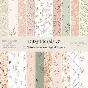 May include: A set of 20 digital papers featuring delicate floral patterns in shades of pink, green, and white. The papers are seamless and perfect for crafting, scrapbooking, and digital design projects.  "Ditsy Florals v7" is written in the center of the image.