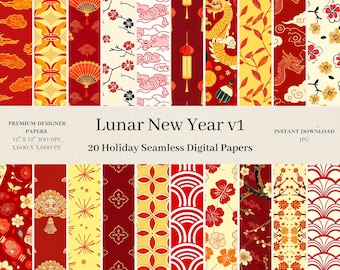 20 Lunar New Year Digital Papers - Chinese Seamless Pattern, Asian Prints, Flowers Background, Celestial, Red Design, Scrapbook v1