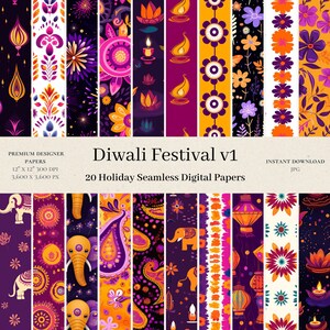 May include: 20 digital papers featuring Diwali festival designs. The papers are seamless and feature a variety of patterns, including elephants, paisley, flowers, and lanterns. The papers are 12 inches by 12 inches and 300 DPI.
