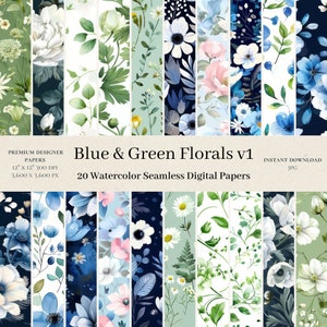20 Blue & Green Florals Digital Papers - Watercolor Seamless Digital Paper, Shabby Chic Repeat Pattern, Wildflower Scrapbook Junk Journal v1