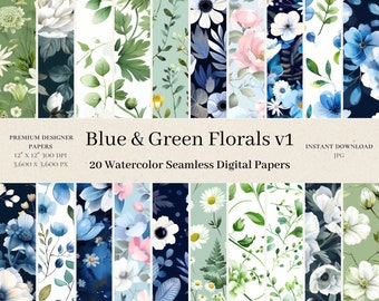 20 Blue & Green Florals Digital Papers - Watercolor Seamless Digital Paper, Shabby Chic Repeat Pattern, Wildflower Scrapbook Junk Journal v1