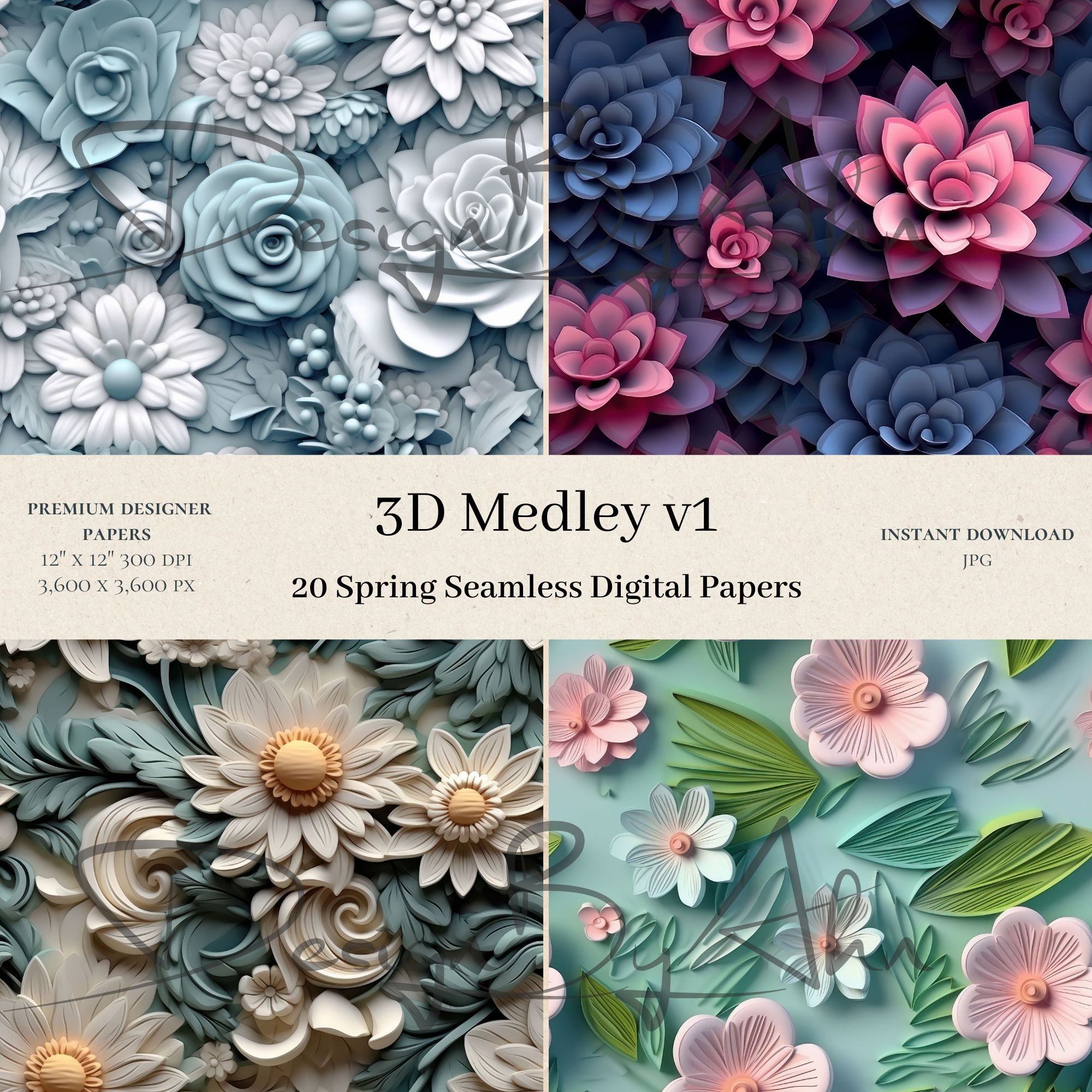 20 3D Medley Digital Papers - Sublimination Scrapbook, Seamless Digital ...
